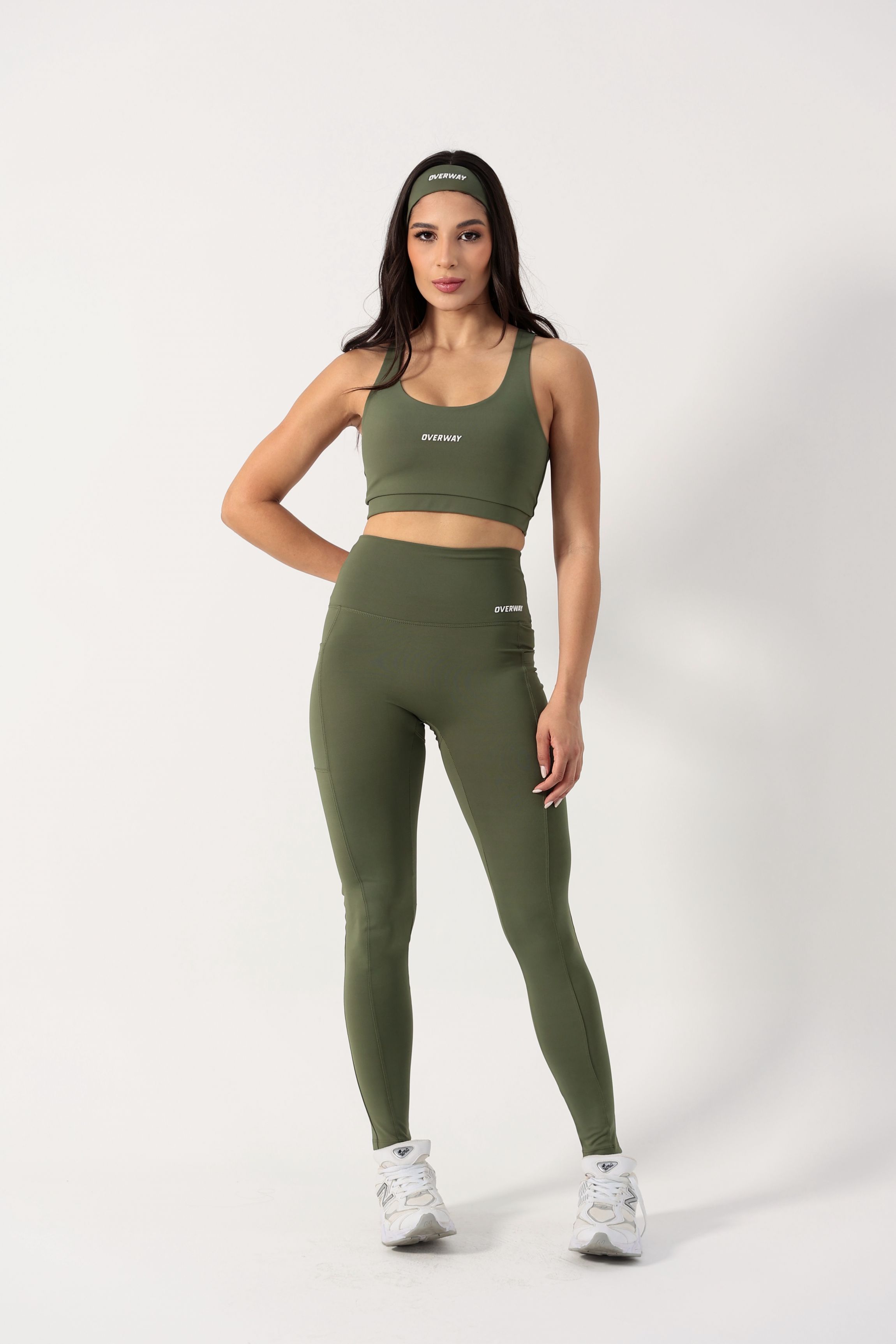 Conjunto OverFlex Feminino Top Duplo e Legging Blackout com Bolsos / Flex Fit - Verde Militar