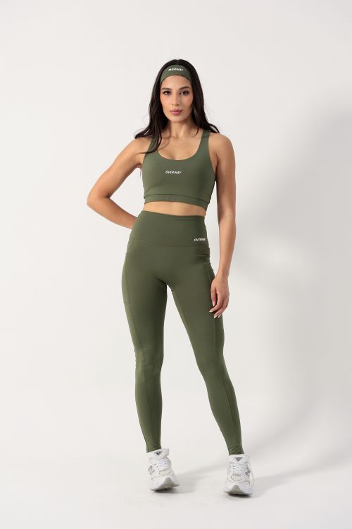 Conjunto OverFlex Feminino Top Duplo e Legging Blackout com Bolsos / Flex Fit - Verde Militar