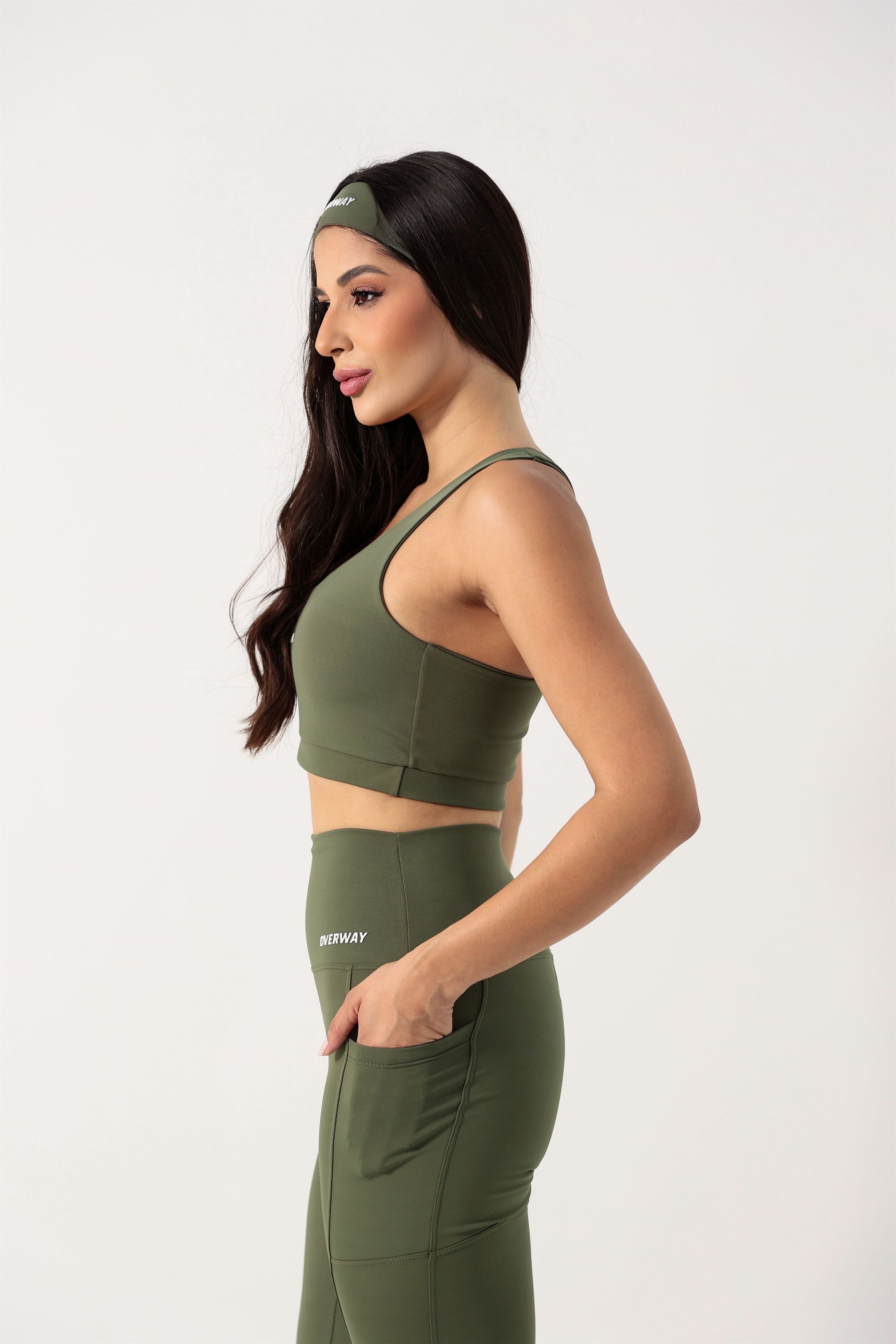Conjunto OverFlex Feminino Top Duplo e Legging Blackout com Bolsos / Flex Fit - Verde Militar