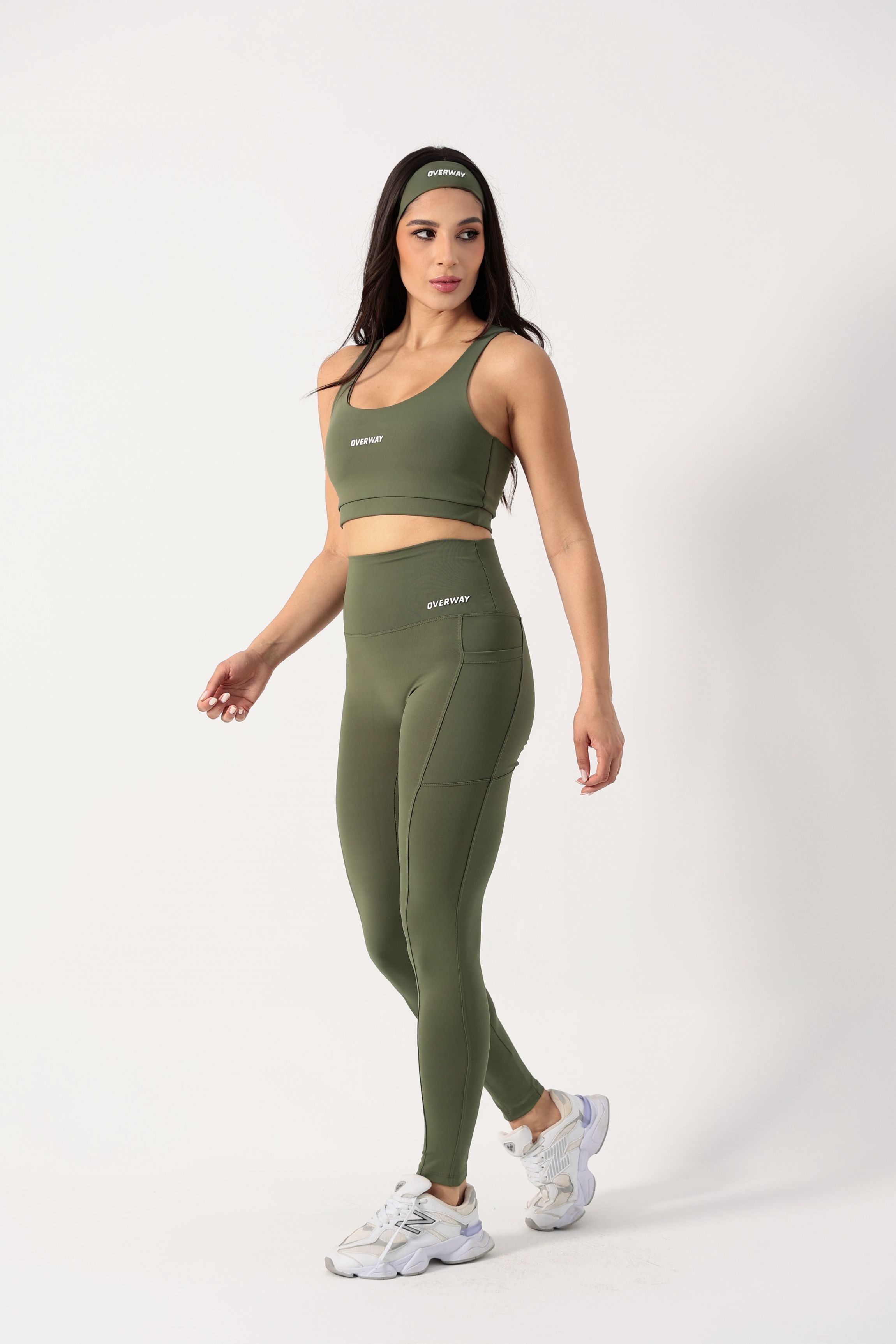 Conjunto OverFlex Feminino Top Duplo e Legging Blackout com Bolsos / Flex Fit - Verde Militar