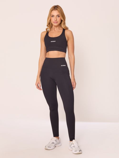 Conjunto OverFlex Feminino Top Duplo e Legging Blackout com Bolsos / Flex Fit - Preto