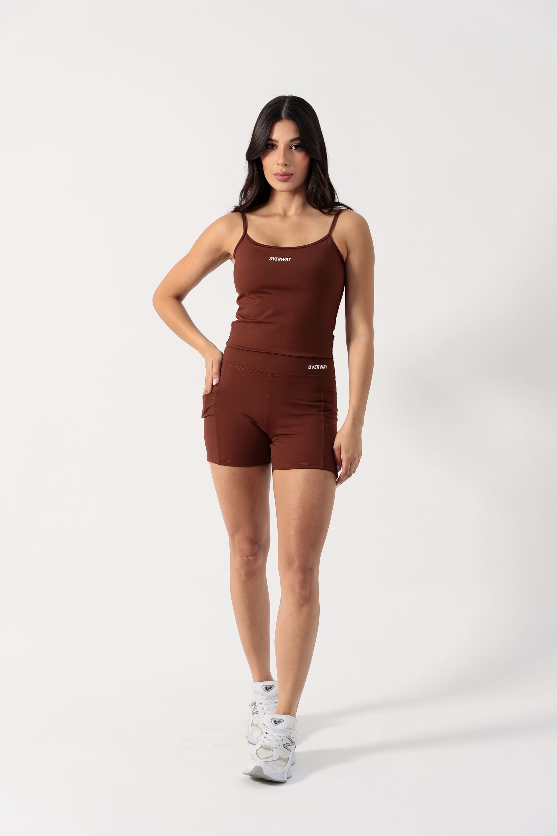 Conjunto OverFlex Feminino Top Longo e Shorts Blackout com Bolsos / Flex Fit - Marrom