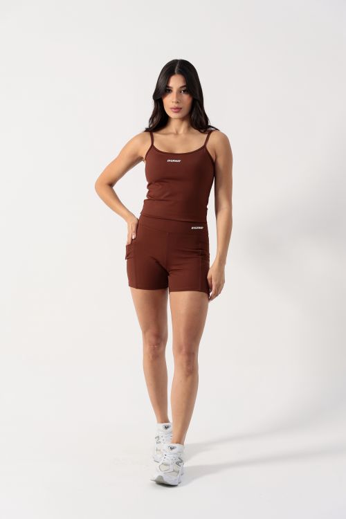 Conjunto OverFlex Feminino Top Longo e Shorts Blackout com Bolsos / Flex Fit - Marrom