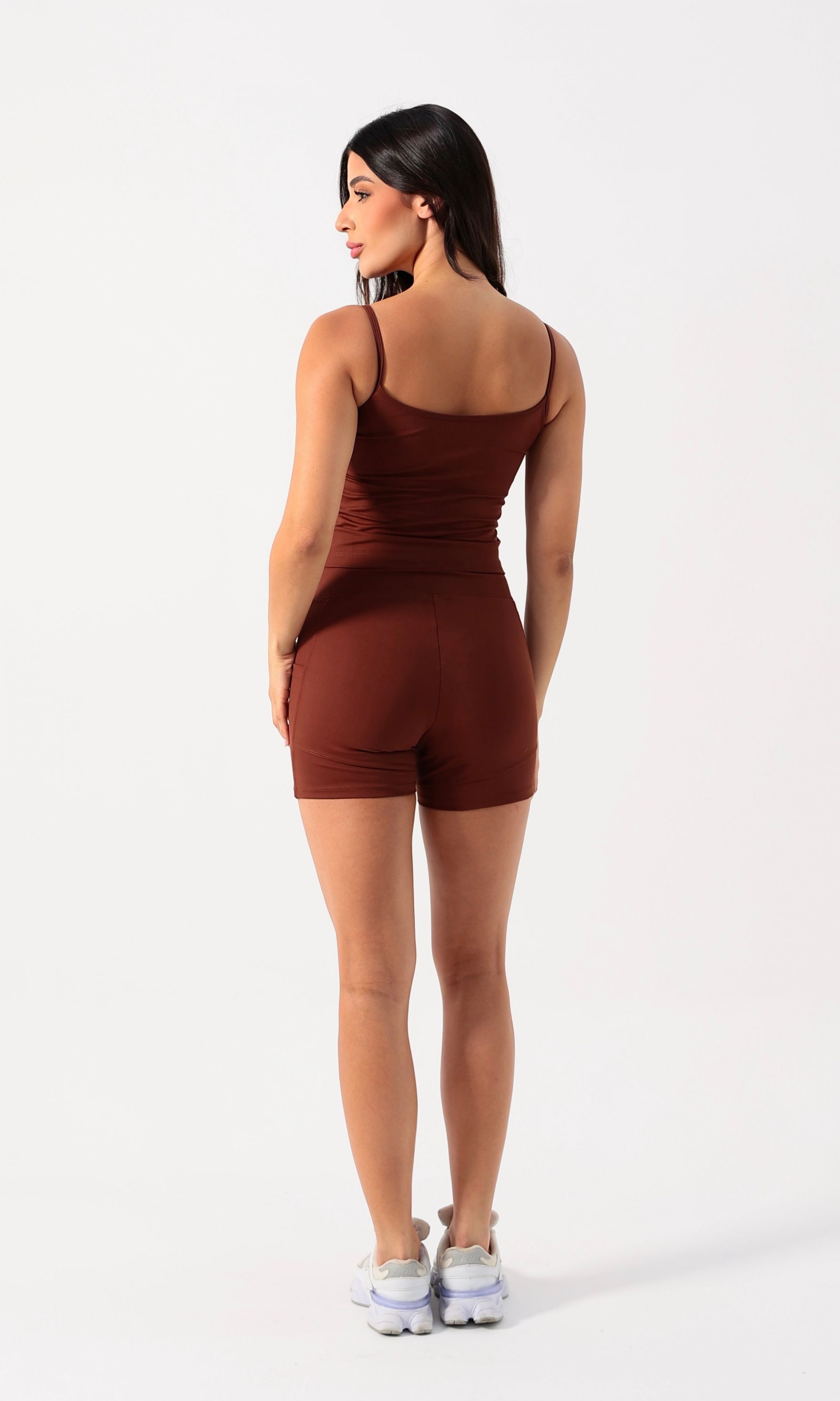 Conjunto OverFlex Feminino Top Longo e Shorts Blackout com Bolsos / Flex Fit - Marrom