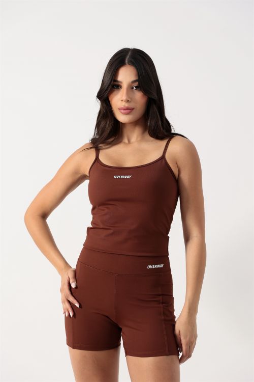 Conjunto OverFlex Feminino Top Longo e Shorts Blackout com Bolsos / Flex Fit - Marrom
