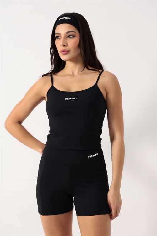 Conjunto OverFlex Feminino Top Longo e Shorts Blackout com Bolsos / Flex Fit - Preto