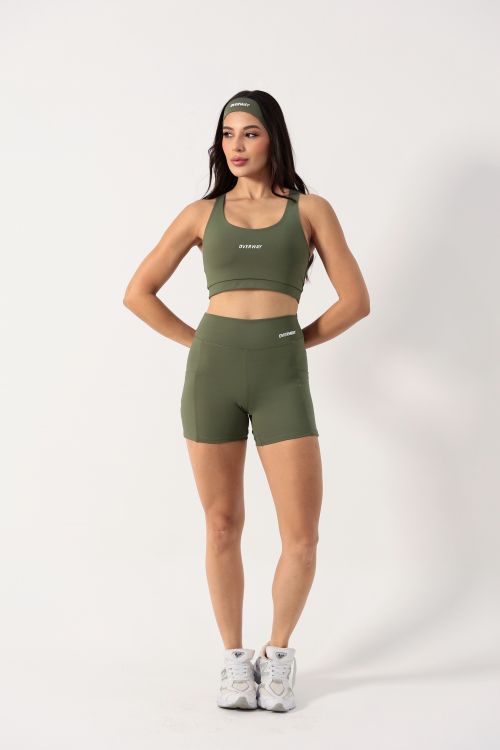 Conjunto OverFlex Feminino Top Duplo Nadador e Shorts Blackout com Bolsos / Flex Fit - Verde Militar