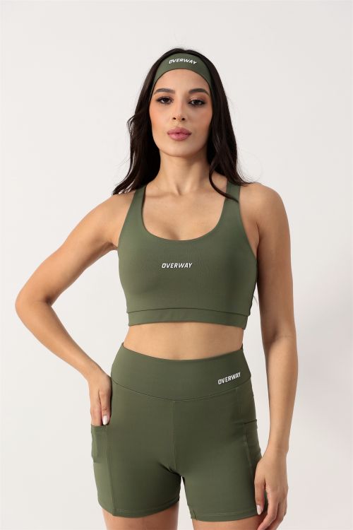 Conjunto OverFlex Feminino Top Duplo Nadador e Shorts Blackout com Bolsos / Flex Fit - Verde Militar
