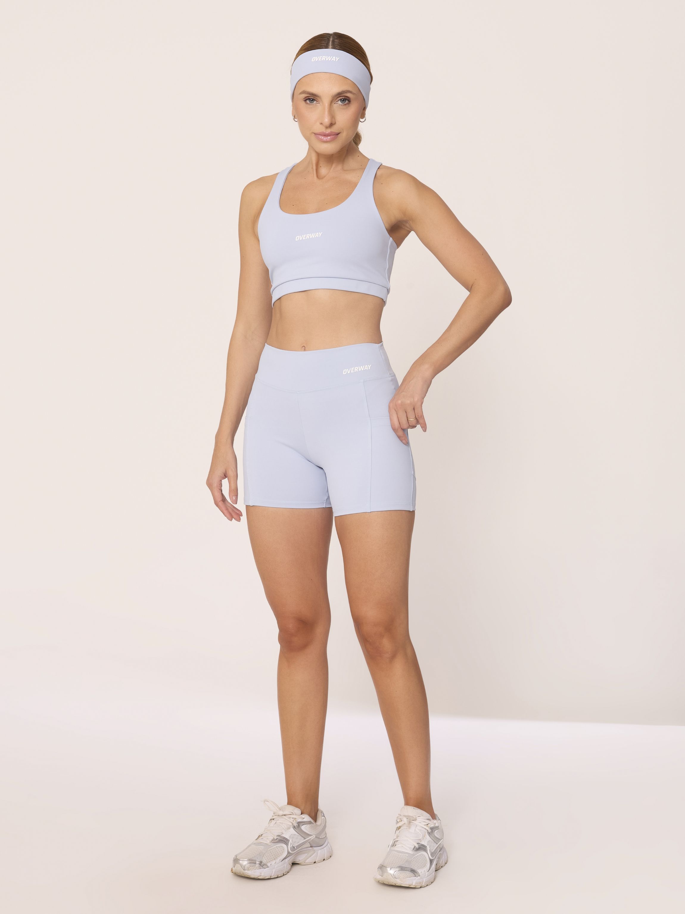 Conjunto OverFlex Feminino Top Duplo Nadador e Shorts Blackout com Bolsos / Flex Fit - Azul Claro