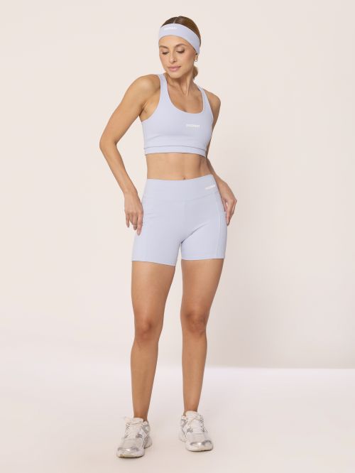 Conjunto OverFlex Feminino Top Duplo Nadador e Shorts Blackout com Bolsos / Flex Fit - Azul Claro