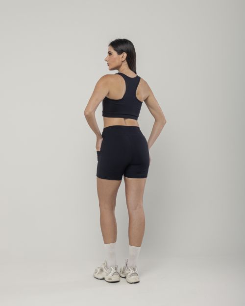 Conjunto OverFlex Feminino Top Duplo Nadador e Shorts Blackout com Bolsos / Flex Fit - Preto