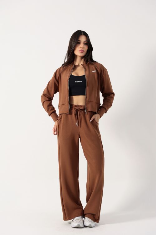 Conjunto OverComfort Feminino de Moletom com Jaqueta Cropped e Cal�a Wide Leg / Relaxed Fit - Marrom