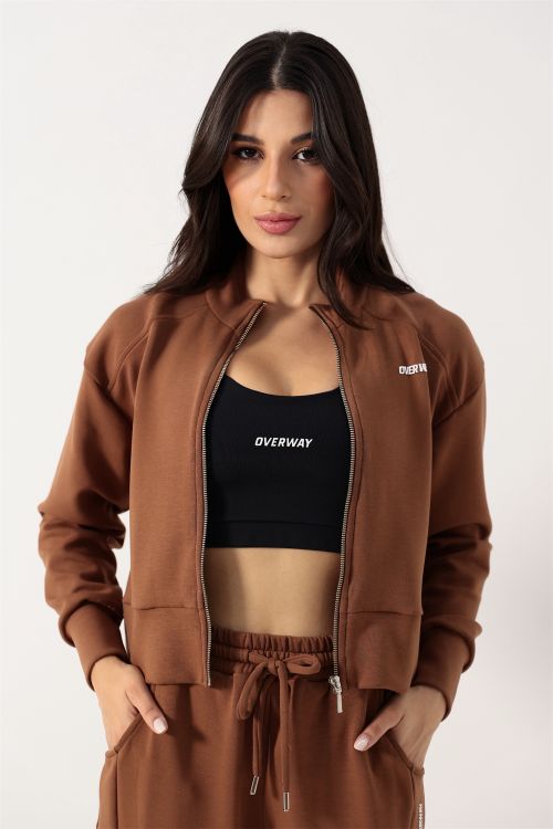 Conjunto OverComfort Feminino de Moletom com Jaqueta Cropped e Cal�a Wide Leg / Relaxed Fit - Marrom