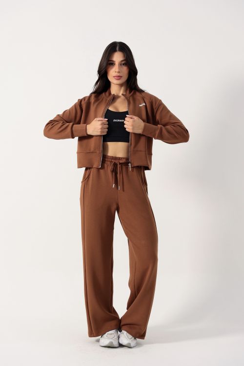 Conjunto OverComfort Feminino de Moletom com Jaqueta Cropped e Cal�a Wide Leg / Relaxed Fit - Marrom