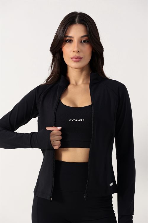 Jaqueta OverFlex Feminina Blackout com Gola Alta e Encaixe para Polegar / Flex Fit - Preta