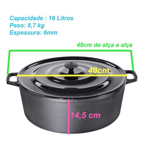 Caçarola 40cm 16 Litros Ferro Fundido Com Tampa De Alumínio Santana