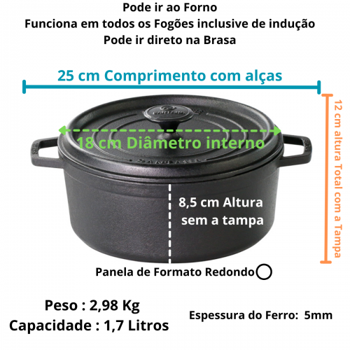Caçarola alça de ferro tampa de ferro 1,7 litros cocotte 18 cm