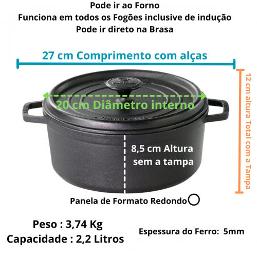 Caçarola Alça de Ferro Tampa de Ferro 2,2 litros Cocotte 20cm
