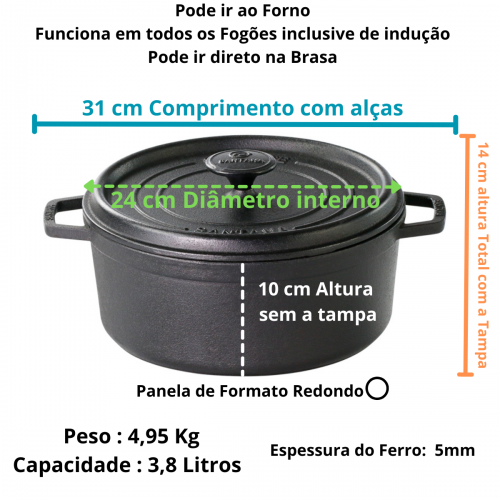 Caçarola alça de ferro tampa de ferro 3,8 litros cocotte 24 cm