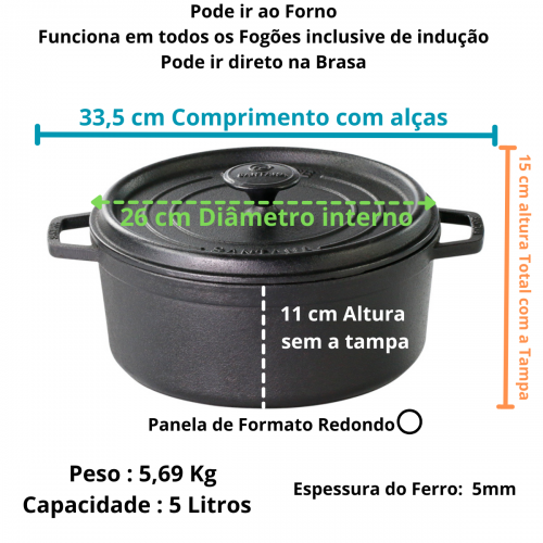 Caçarola alça de ferro tampa de ferro 5 litros cocotte 26 cm