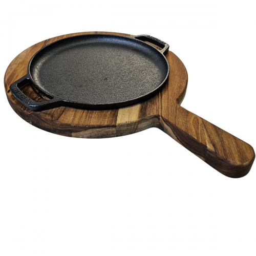 Chapa Petisco redonda com suporte de madeira 20cm