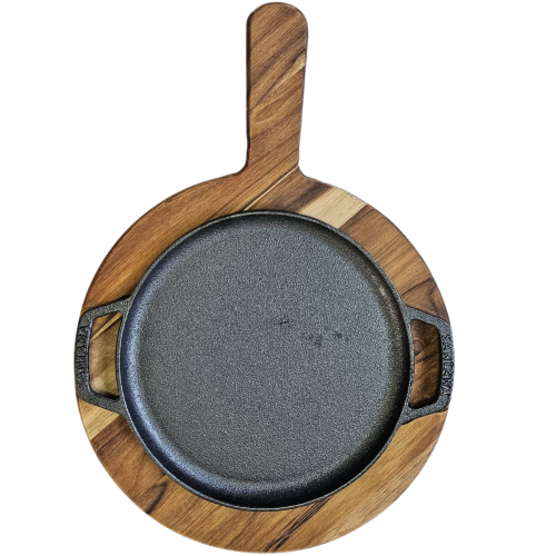 Chapa Petisco redonda com suporte de madeira 20cm