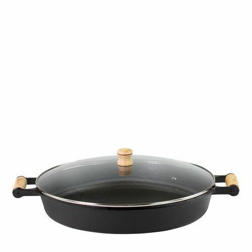Frigideira De Ferro 36cm Alças Madeira Tampa Vidro Santana