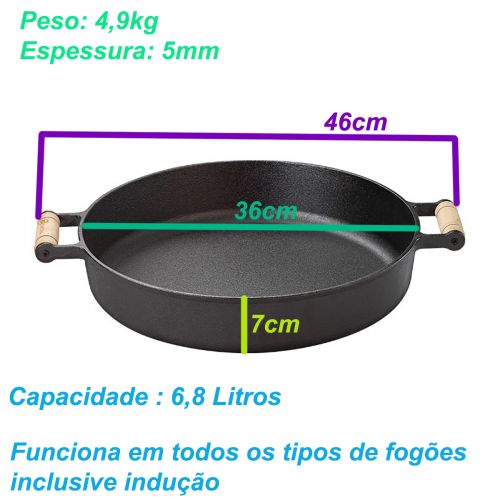 Frigideira De Ferro 36cm Alças Madeira Tampa Vidro Santana
