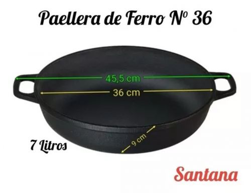 Paella Ferro Fundido 7,3 Litros Tampa Ferro Santana 36 Cm
