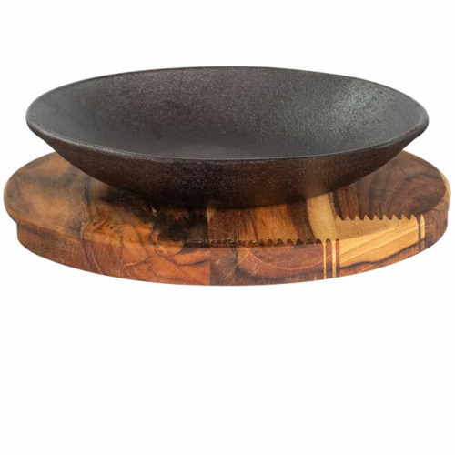 PRATO DE FERRO 22CM REDONDO COM SUPORTE DE MADEIRA SANTANA