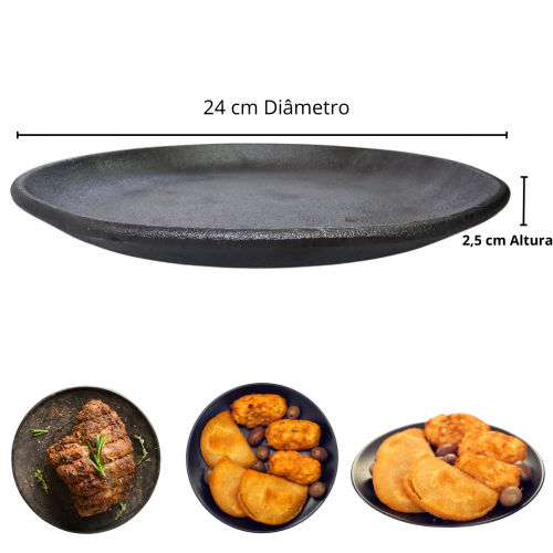 PRATO DE FERRO 24CM REDONDO COM SUPORTE DE MADEIRA SANTANA