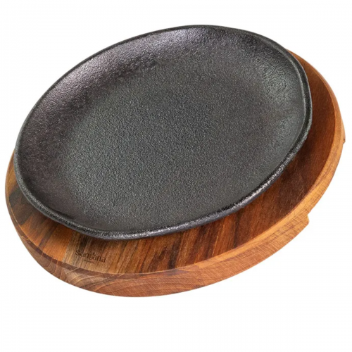 PRATO DE FERRO REDONDO 20CM COM SUPORTE DE MADEIRA SANTANA