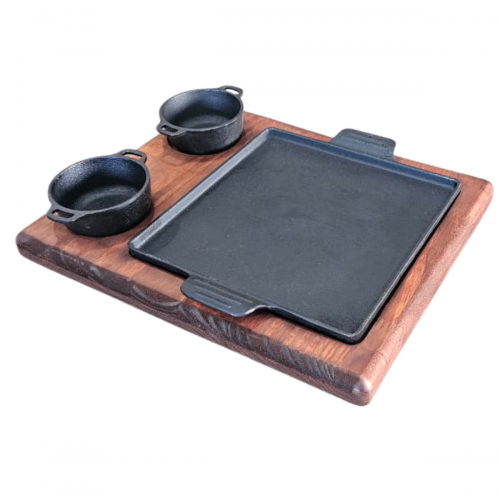 Chapa quadrada com suporte de madeira 22 x 22 cm e 2 molheiras