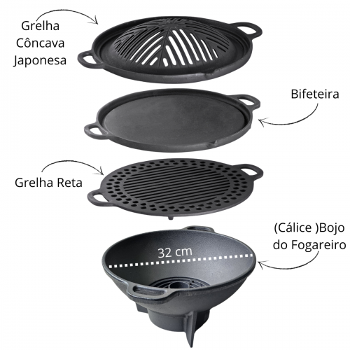 Churrasqueira Gengis Khan 4 peças 32 cm Completa