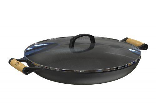 Paella Frigideira Ferro 40cm Al�as De Madeira Tampa De Vidro