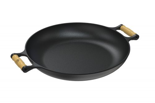Paella Frigideira Ferro 40cm Alças De Madeira Tampa De Vidro