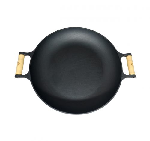 Paella Frigideira Ferro 40cm Alças De Madeira Tampa De Vidro