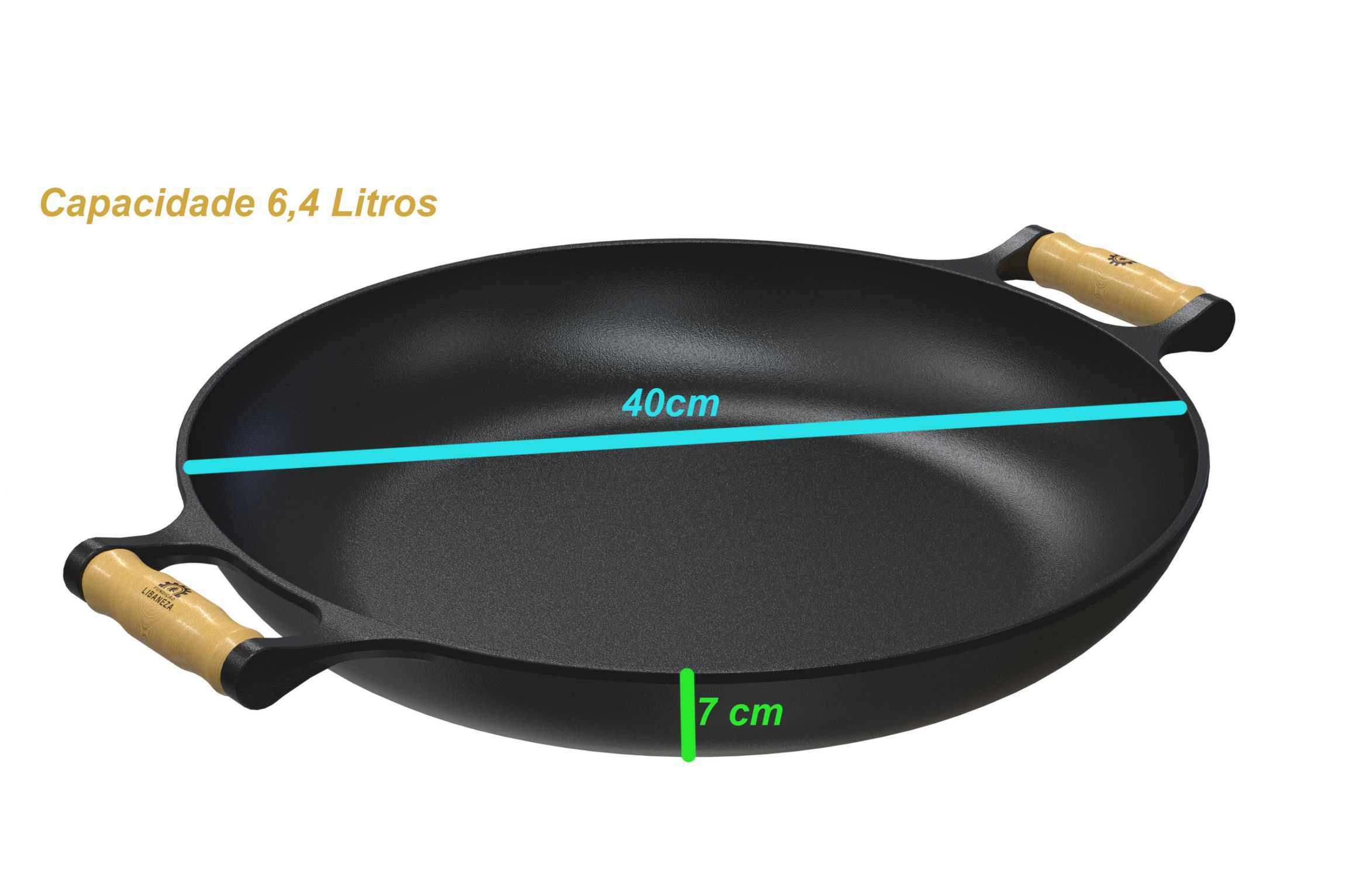 Paella Frigideira Ferro 40cm Alças De Madeira Tampa De Vidro
