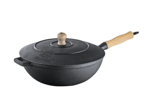 Panela Wok cabo de madeira 28 cm com tampa de ferro Lib