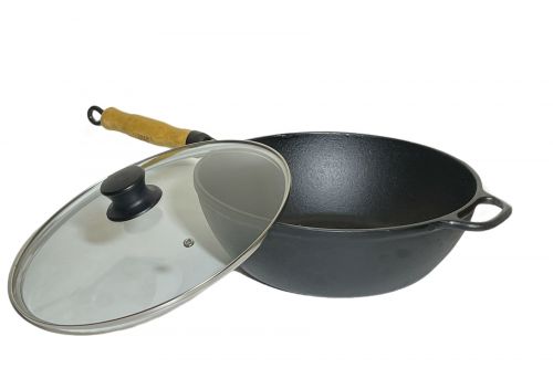 Panela Wok cabo de madeira 28 cm com tampa de vidro Lib