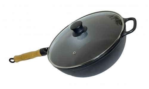 Panela Wok cabo de madeira 28 cm com tampa de vidro Lib