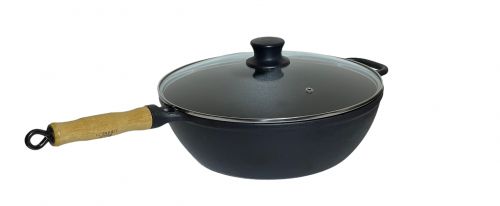 Panela Wok cabo de madeira 28 cm com tampa de vidro Lib