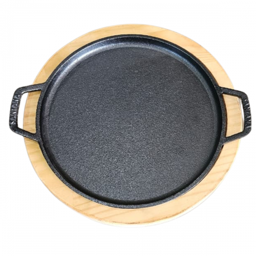 Chapa Petisco redonda com suporte de madeira 24cm