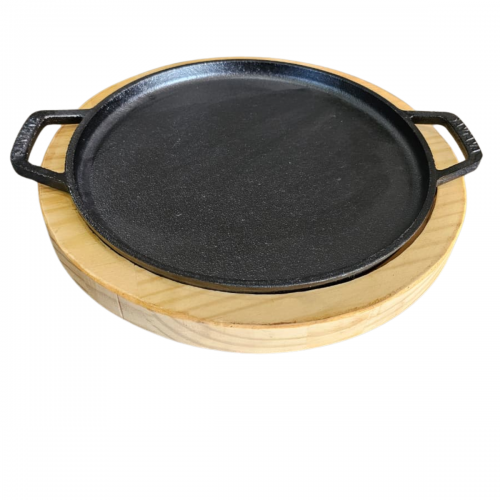 Chapa Petisco redonda com suporte de madeira 24cm