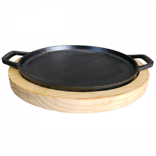Chapa Petisco redonda com suporte de madeira 24cm