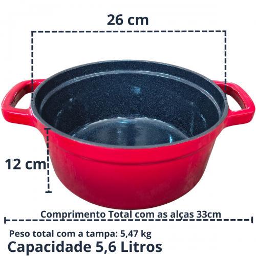 CAÇAROLA DE FERRO ESMALTADA VERMELHA 26cm 5,6 Litros LWG