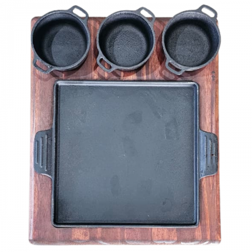 Chapa quadrada com suporte em madeira 22x22cm e 3 molheiras