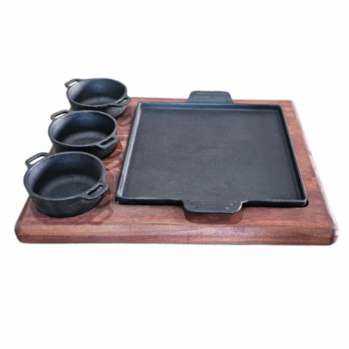 Chapa quadrada com suporte em madeira 22x22cm e 3 molheiras