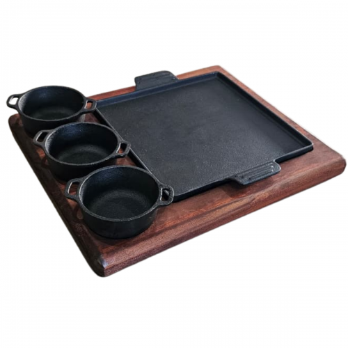 Chapa quadrada com suporte em madeira 22x22cm e 3 molheiras