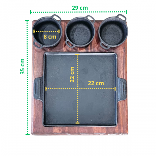 Chapa quadrada com suporte em madeira 22x22cm e 3 molheiras